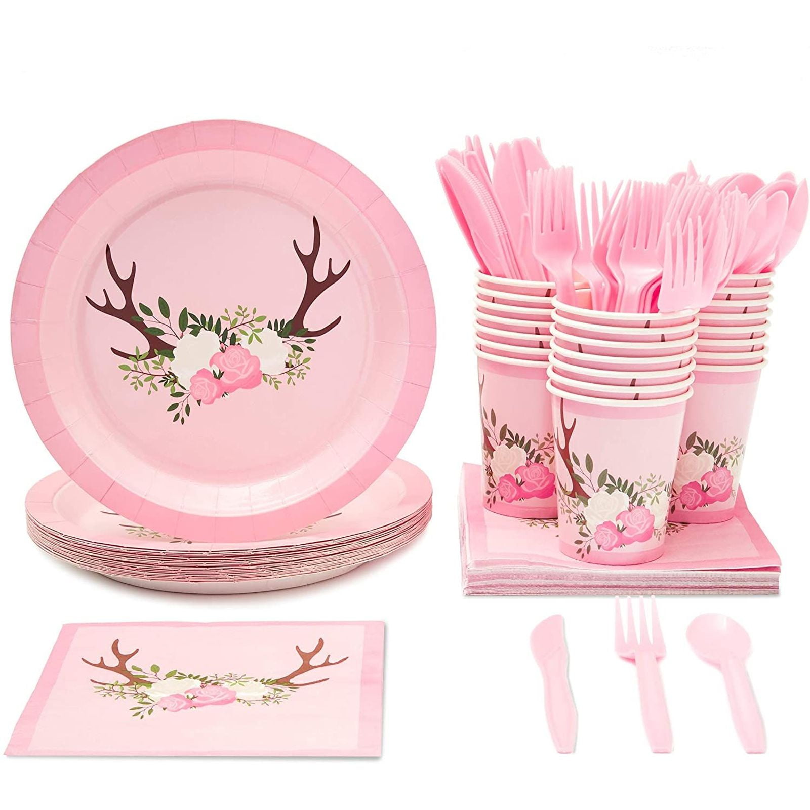 Serves 24 Oh Deer Party Supplies & Decorations for Girls Rustic Baby Shower, Pink Floral Paper Plates, Napkins, Cups & Cutlery