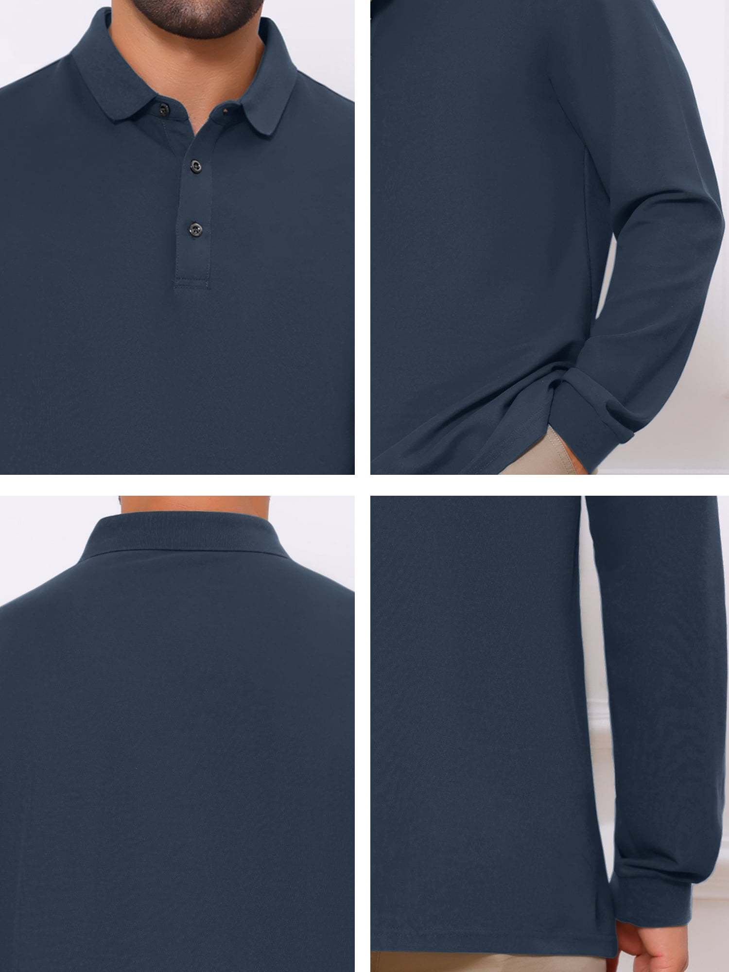 DARING DIVA Men's Classic Solid Color Long Sleeves Basic Golf Polo T-Shirts L Dark Blue