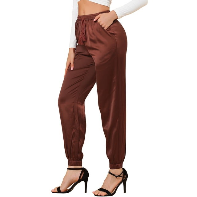 Pantalones Deportivos Allegra K Cintura Elástica con Cordón para Mujer Satén Marrón S