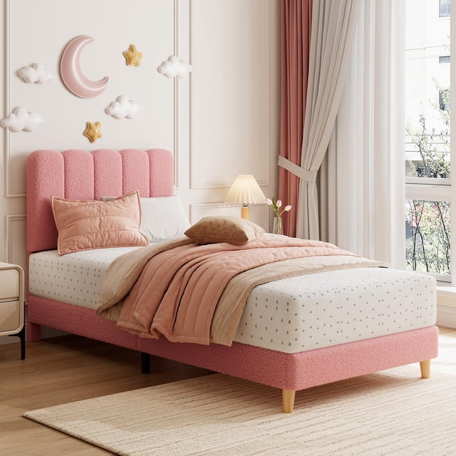 Yeshouse Estructura de cama Twin XL tapizada, linda cama plataforma de bouclé con cabecero ondulado para niñas/niños/niños, no necesita somier, soporte de listones de madera, silenciosa