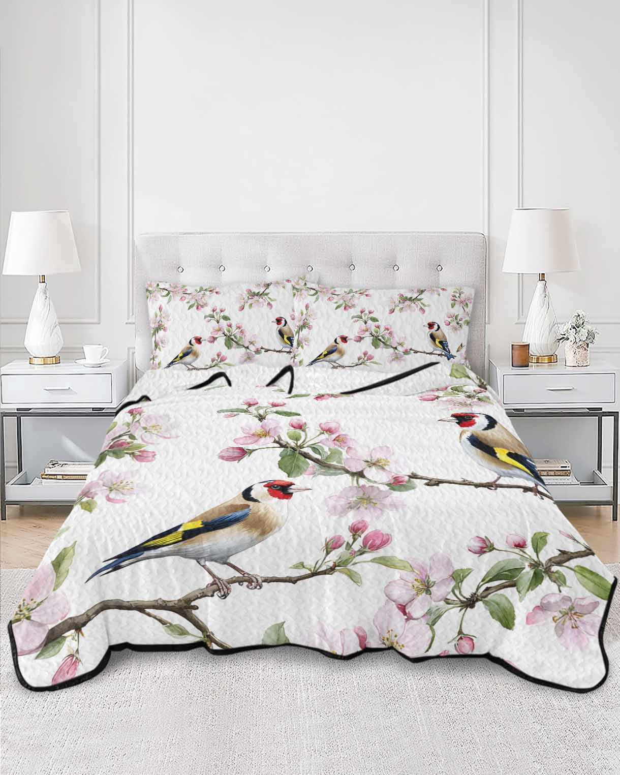 Floral Birds 3 Piece Quilt Bedding Set with 2 Pillow Shams, Spring Pink Cherry Blossom Birds Lightweight Bedspread Coverlet, Soft Breathable All Season Quilt, 96 x 106 Inch