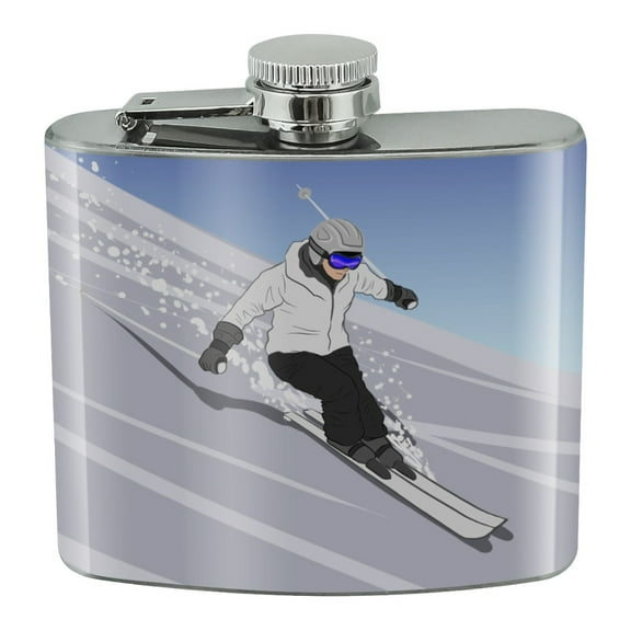 Skiing Down Mountain Skier Snow Skis Stainless Steel 5oz Hip Drink Kidney Flask