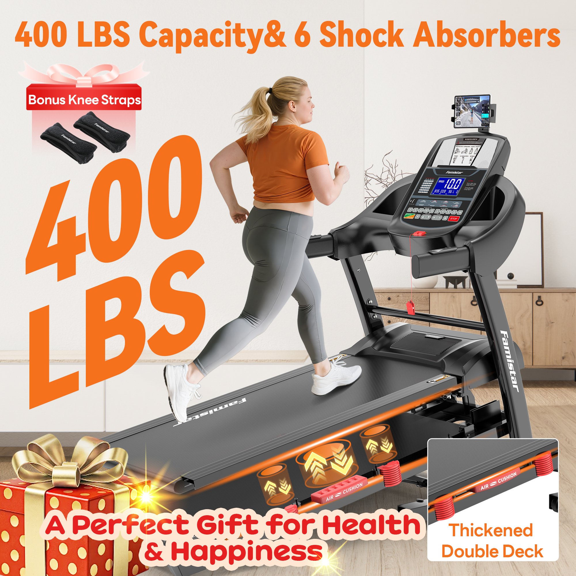 Famistar 5.1HP Folding Treadmill for Home with 20% Auto Incline, 300-400 LB Capacity, Portable Foldable Treadmill, FREE APP Control, Adjustable Tablet Holder,12MPH Speed,71 Programs,Knee Straps Gift