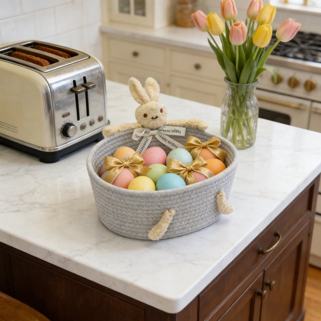 EGNMCR Storage Bins, Storage Containers Handmade Woven Basket Storage Box Miscellaneous Storage Basket Cute Rabbits Desktop Teddy Bear Small Basket Entrance Basket Cotton storage basket