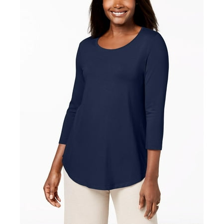 JM Collection Women's Petite Three-Quarter-Sleeve Top Blue Size Petite Medium