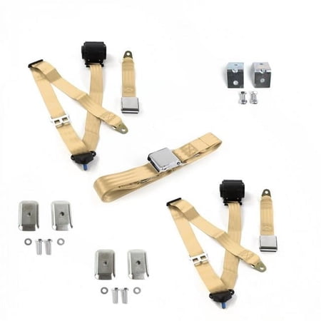 Airplane 3 Point Tan Retractable Bench Seat Belt Kit with Bracketry & 3 Belts for 1961-1964 Chevy Impala