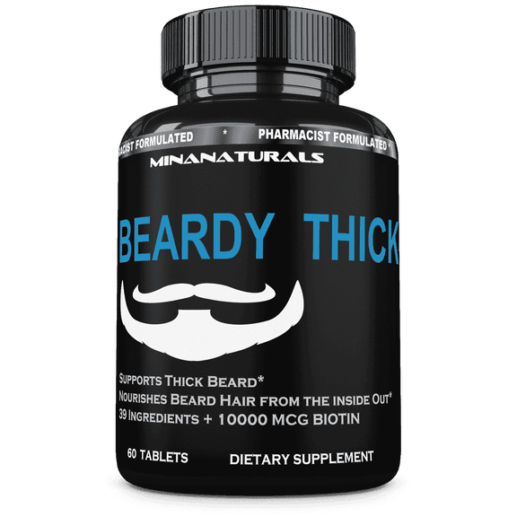 BEARDY THICK  Beard Hair Growth Supplement. B7 - Biotin 10000 Mcg, Keratin, Collagen, Silica, and 36 More. Regrow Thicker Facial Hair.