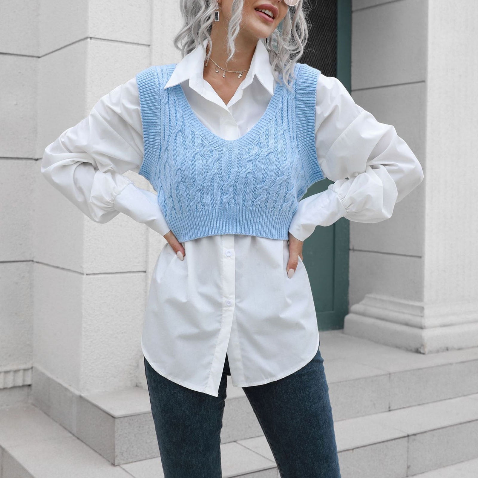 VSSSJ Womens Sleeveless Casual Sexy Cropped Sweater Vest V