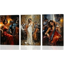 Hieng Black Jazz Wall Art 3 Pieces Black Woman Playing Canvas Prints African American Pictures Music Themed Paintings for Musical Club Decor Unframed