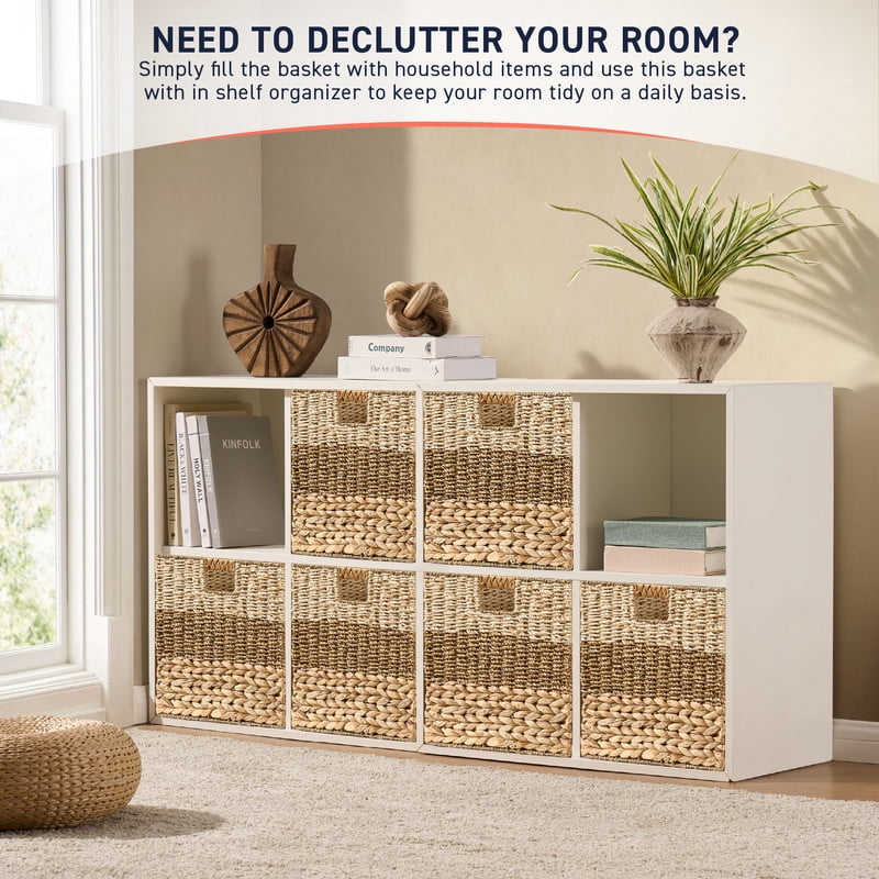 Ornavo Home 13" x 13" Inch Water Hyacinth Storage Basket Set of 6 with Handles | Natural Handwoven Mixed Weave Wicker Organizer Bins for Shelves, Closet, Living Room, Bathroom, Pantry and Laundry