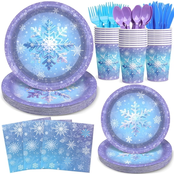 Sinekong 175Pcs Snowflake Paper Plates and Napkins Set, Blue Purple Christmas Themed for Winter Wonderland Holiday Decor Birthday Wedding Party Supplies for 25 Guests