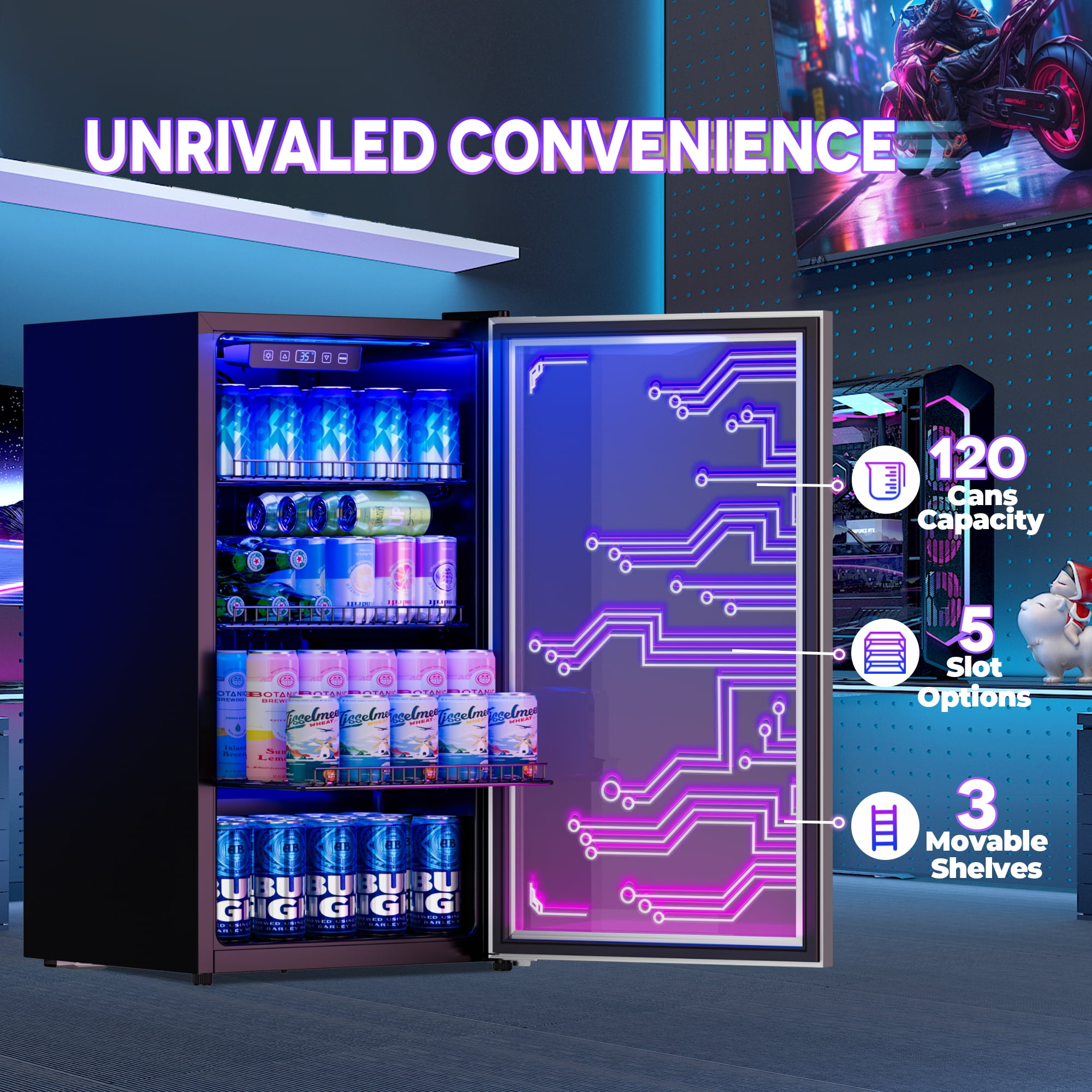 Patiosunny 126 Cans Light up Beverage Refrigerator, LED Lighting Door Freestanding Cooler for Gaming Room, Bar, Party