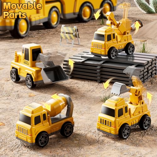 Construction Trucks Toys for 2 3 4 5 Years Old Boys - 5-in-1 Carrier Transport Vehicle Truck for Toddlers 2-4 Years with Crane,Mixer,Pushdozer and Excavator,Car Toys Birthdays Gift