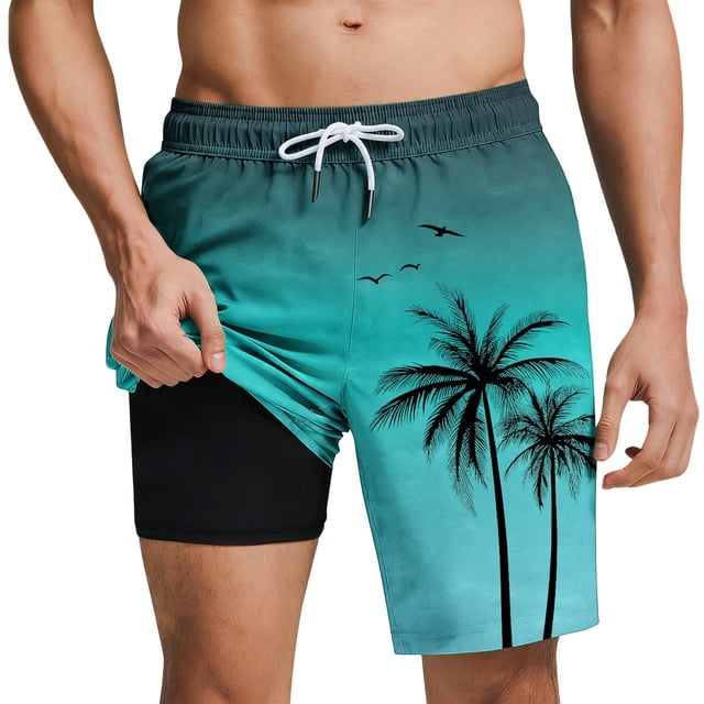 Tauxra Men's Swim Trunks with Liner and Pockets, Hawaiian Printed Beach Shorts for Men Drawstring Closure Quick Dry Summer Shorts with Inner Lining, Casual Board Shorts for Summer Vacatio