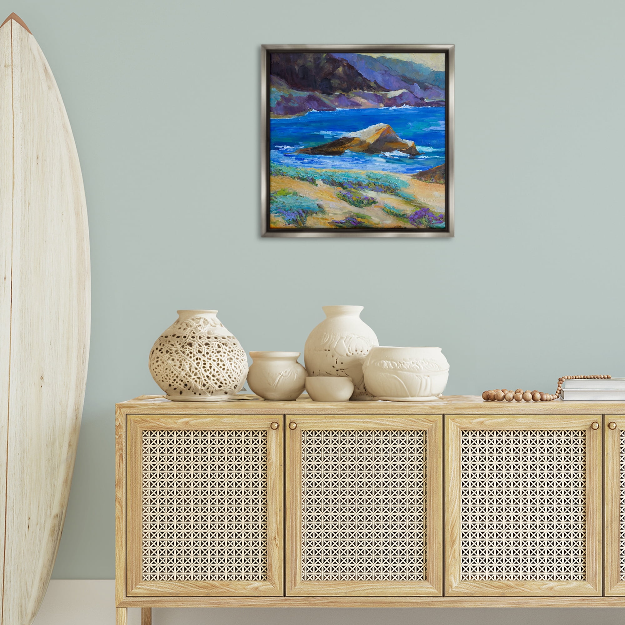 Stupell Industries Carmel Cove Landscape Landscape & Nature Painting Gray Floater Framed Canvas Art Print Wall Art, 25 x 25