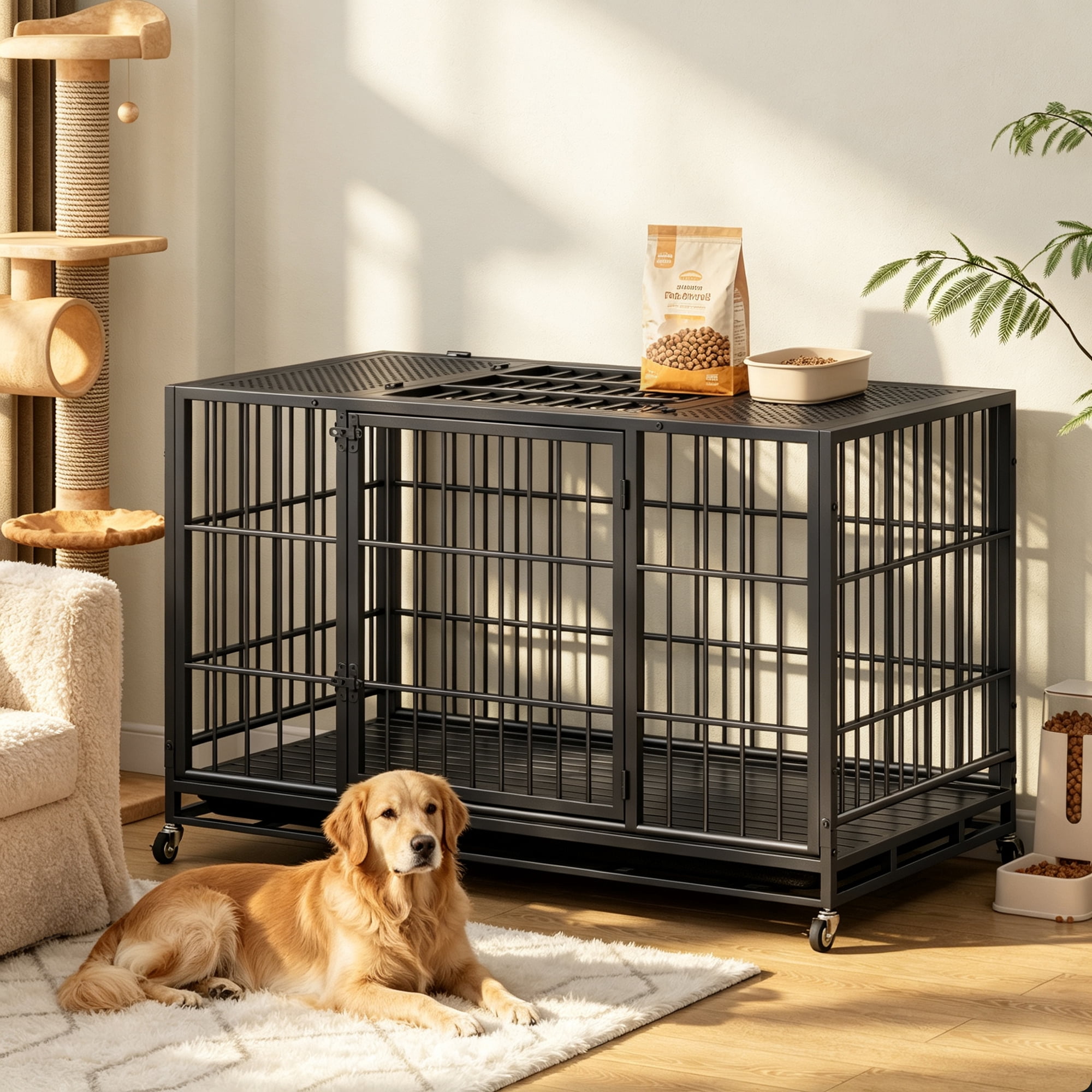 Heavy Duty Dog Crate, Mobile Pet Kennel with Lockable Wheels & Rotary Twist-Latch, Indoor Outdoor Metal Cage with Perforated Top