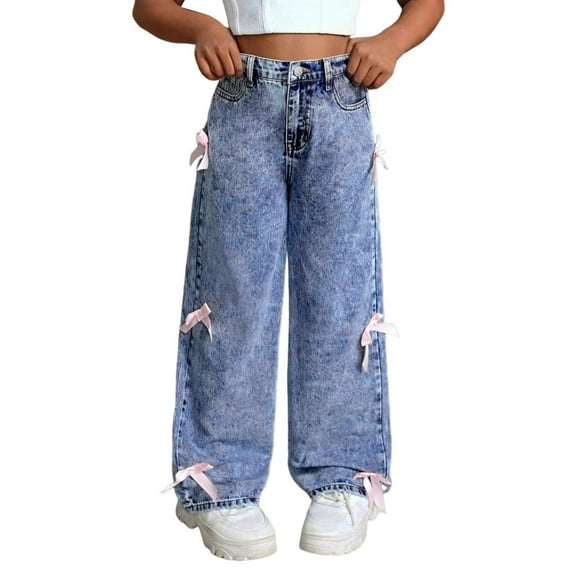 JLMSPLWG Preppy Jeans for Girls Aesthetic Denim Jeans Pink Bows Embellished Girls Vintage Personalized Straight Jean with Pockets Teen Girl Soft High Waist Pants Kids Clothes