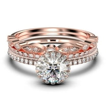 Dainty Art Deco 2.25 Carat Round Cut Diamond Moissanite Engagement Ring, Wedding Ring in 10k Solid White Gold, Trio Set, Promise Ring