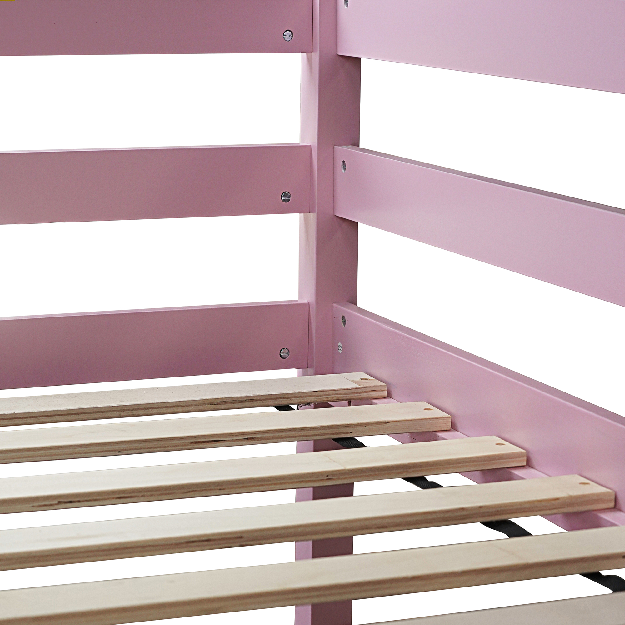 Miniyam Kids Loft Bed with Desk, Wood Loft Bed Frame with Guardrails, Ladder and Slats, Pink