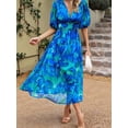 thumbnail image 6 of Womens Summer Dresses 2025 Casual Puff Short Sleeve V Neck Floral Boho Maxi Dress Blue XL, 6 of 8