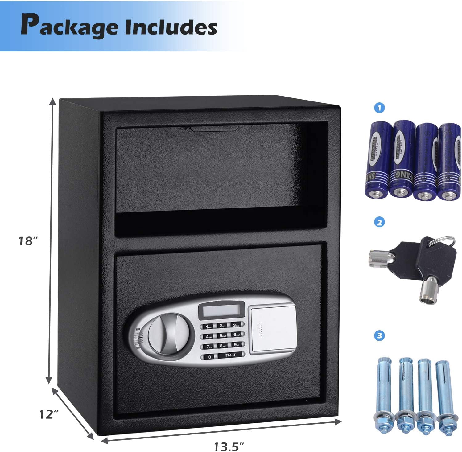 Digital Safe w/Emergency Keys and Deposit Slot, Electronic Cabinet Safe Box for Cash Money Jewelry Documents Gun, Drop Slot Safes with Digital Keypad & 2 Emergency Keys, Black