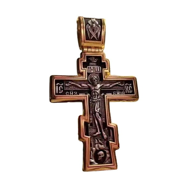 Collar con colgante de cruz y crucifijo, collar con colgante grabado, cruz y crucifijo de la Biblia doble color
