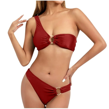 UTSJKR Women s One Shoulder Bikini Twisted Ruched High Cut Bandeau Bikini Set Two Piece Swimsuit O-Ring Cutout Bikini Sets Red 20-22