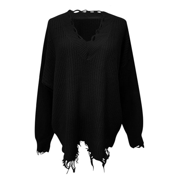ManxiVoo Women Irregular Fringe Knitted Sweater Casual Loose Fit for Fall Winter Seasons L Size Black