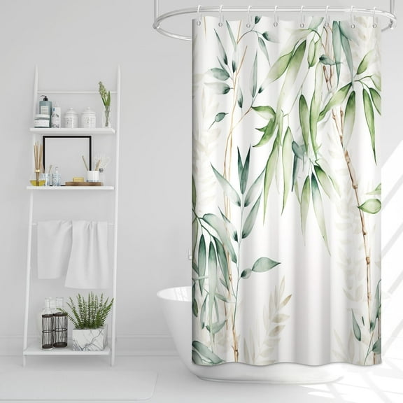 Stall Shower Curtain, Green Bamboo Small Shower Curtain Set Waterproof Fabric Aesthetic Green and White Botanical Bathroom Decor with Hooks, 36x72 Inch