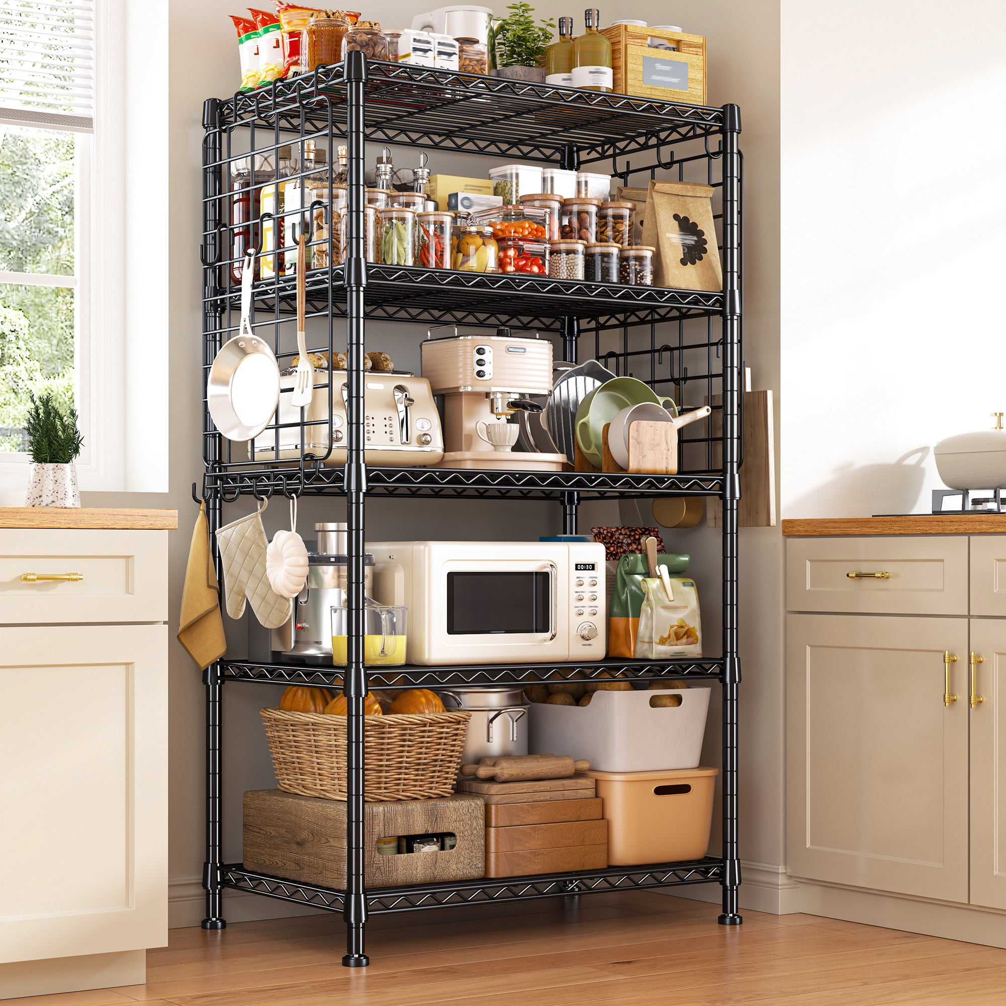 REIBII 5-Tier Metal Shelving Unit with Side Mesh & Hooks,Adjustable Wire Storage Rack,Narrow Pantry Shelf Organizer for Kitchen,Laundry,Garage,Bathroom,Black