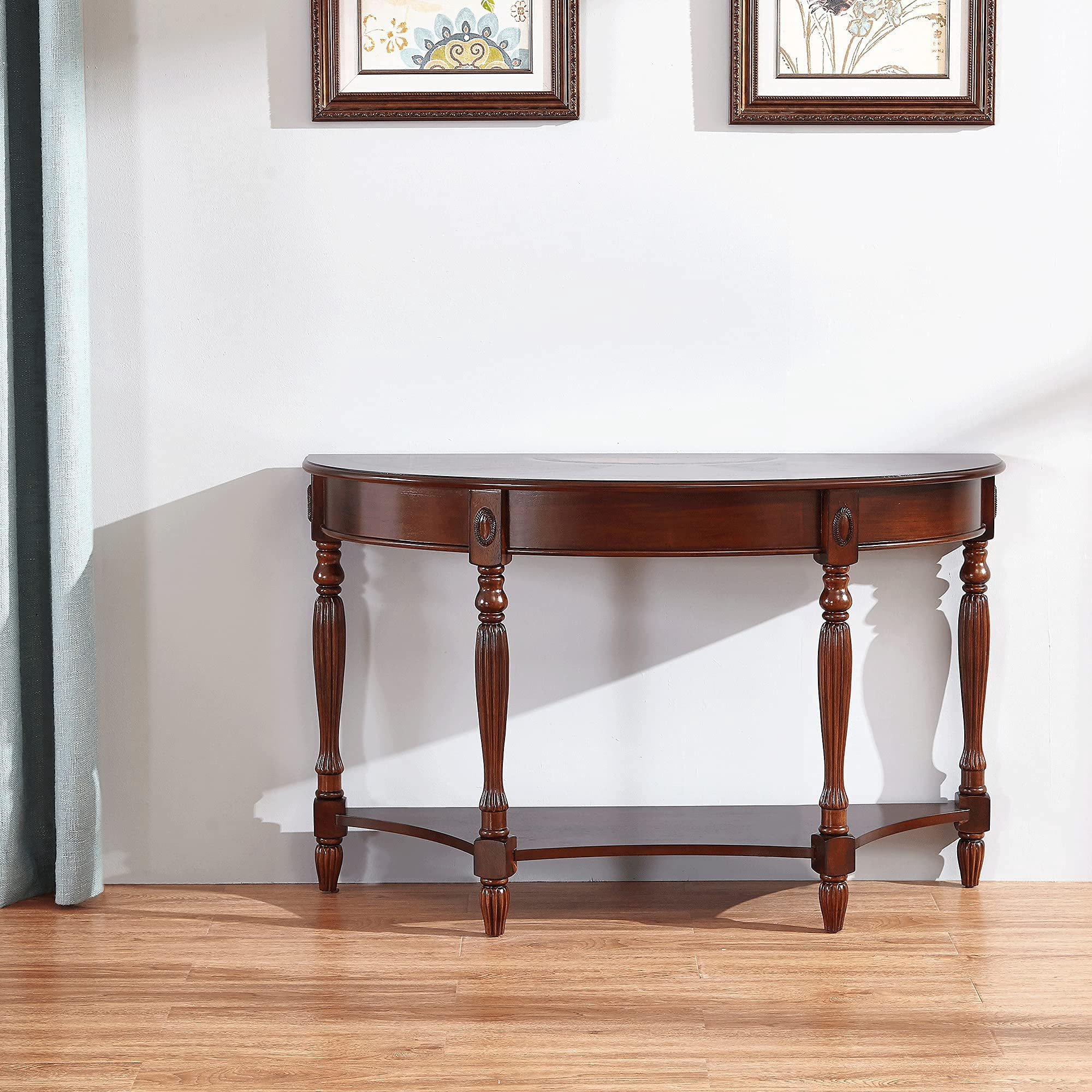 JESONVID Solid Wood Oval Console Table with Storage Shelf, Traditional Vintage Semi-Circle Entryway Table Polished Edging Half-Moon Narrow Table for Living Room Hallway, Cherry Walnut without Drawer