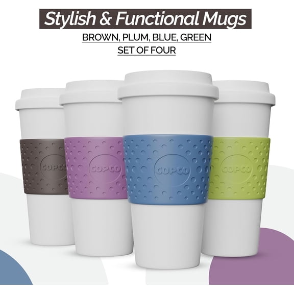 Acadia Travel Mug (4-Pack), 16oz Insulated Coffee Mug with Double-Walled Plastic, Leak-Proof Lid - Microwave & Dishwasher Safe, Non-Slip Sleeve, Hot & Cold Drinks - Light Colors