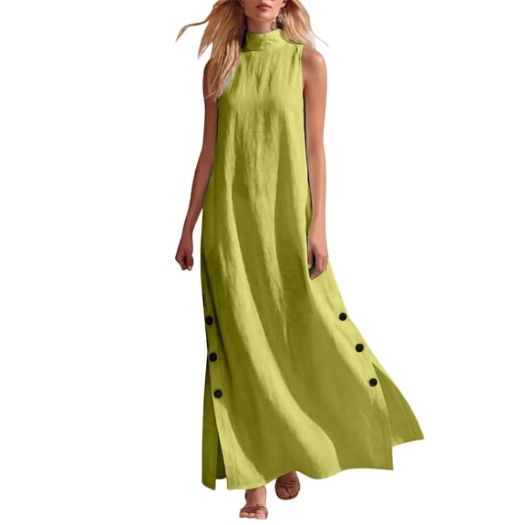 MaFYtyTPR Women's Sleeveless Maxi Dress Solid Color Mock Neck Casual Dresses with Button Slit Summer Dress for Vacation A-Green L