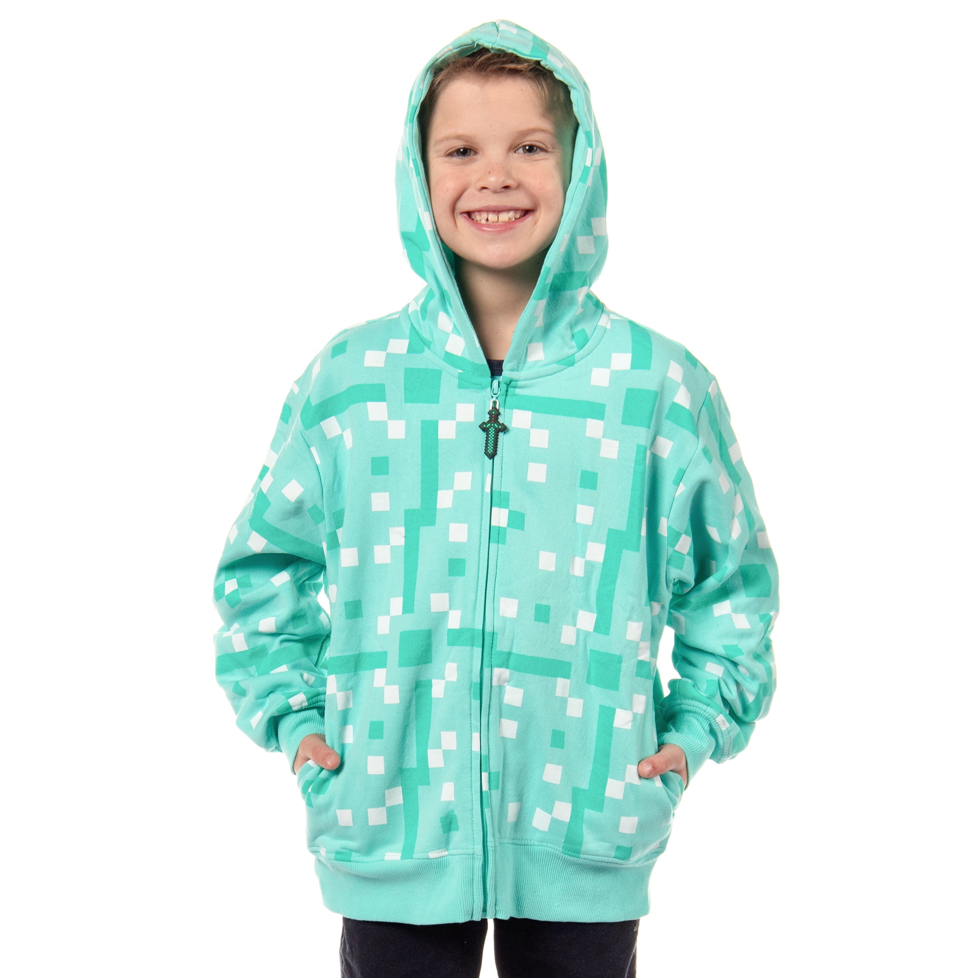 Minecraft Boys' Diamond Steve Allover Pixelated Design Big Kids Full-Zip Hoodie with Rubber Sword Zipper Pull