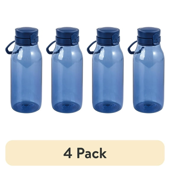 (4 pack) Your Zone Water Bottle 16 Fluid Ounces, Blue, Plastic, Flip Top Chug Lid, No Straw, Reuseable