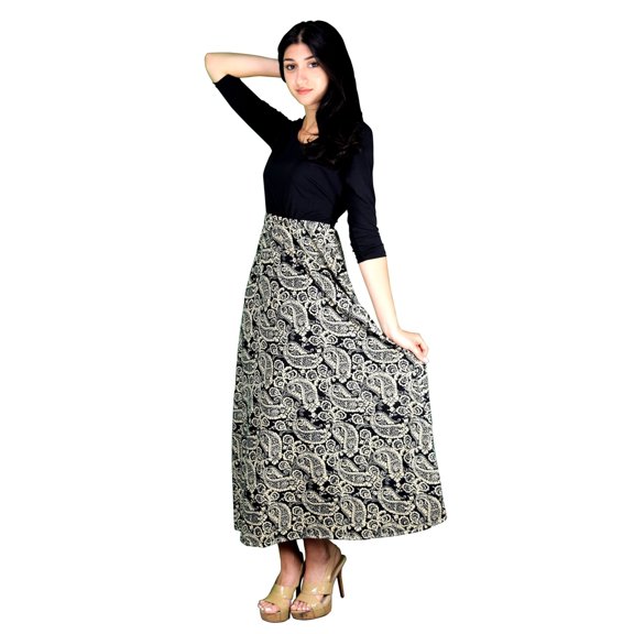 Womens Casual Summer Black Paisley Elastic Waist Maxi Long Dress