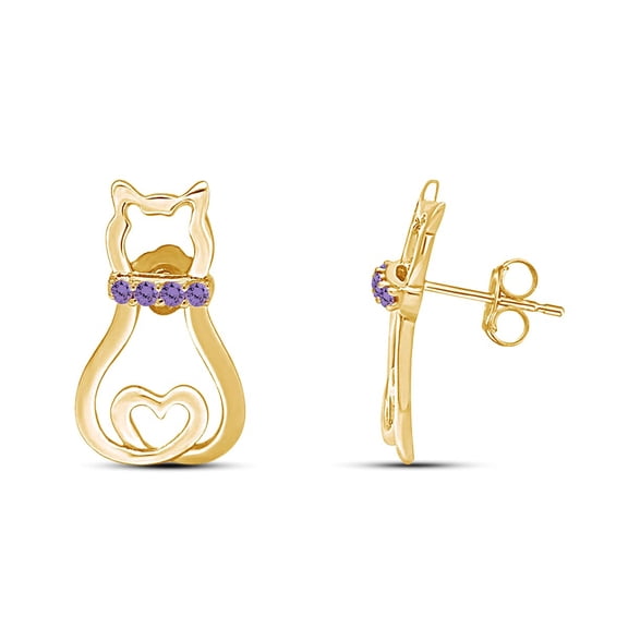 AFFY Round Cut Simulated Birthstone Pet Animal Cat Stud Earrings In 14k Gold Over Sterling Silver For Women (Simulated Alexandrite, yellow-gold-plated-silver)