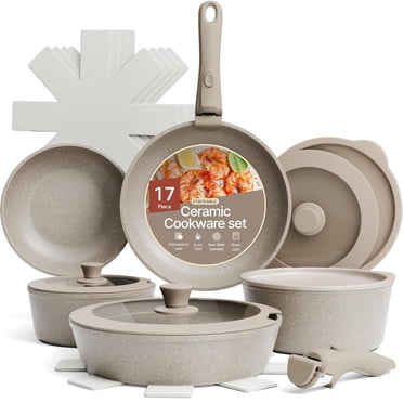 Bakken 17-Piece Ceramic Coated Aluminum Cookware Set, Nonstick Pots & Pans with Lids, Silicone Utensils & Oven Mitts, All-Stovetop Safe to 500°F