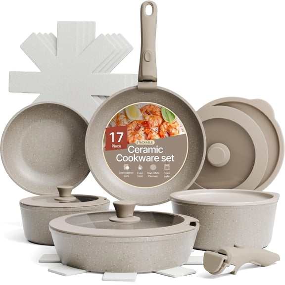 Bakken 17-Piece Ceramic Coated Aluminum Cookware Set, Nonstick Pots & Pans with Lids, Silicone Utensils & Oven Mitts, All-Stovetop Safe to 500°F