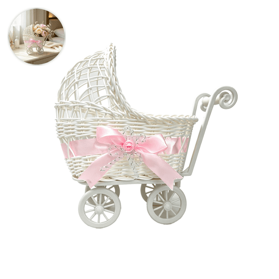 Faux Rattan Weave Pram Shaped Flower Basket with Wheels and Handle Multi-Functional Storage for Home Decor Weddings and Parties