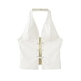 thumbnail image 3 of Bustier Tops for Women Pu Leather Lace Up Deep V Neck Backless Halter Crop Top Rave Outfits, 3 of 3