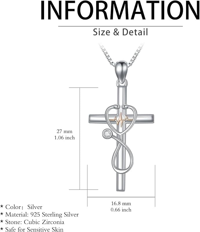 JKR White Diamond Gifts for Nurse 925 Sterling Silver Stethoscope Cross Necklace for Women Nurse Birthstone Jewelry Nursing Themed Medicine Nurses Day Gifts Doctor Medical Student RN