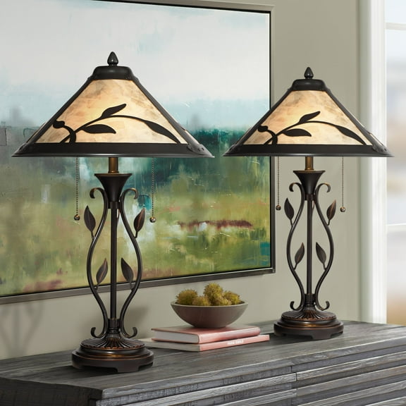 Franklin Iron Works Feuille 23 3/4" High Leaf and Vine Farmhouse Rustic Accent Table Lamps Set of 2 Pull Chain Brown Mica Shade