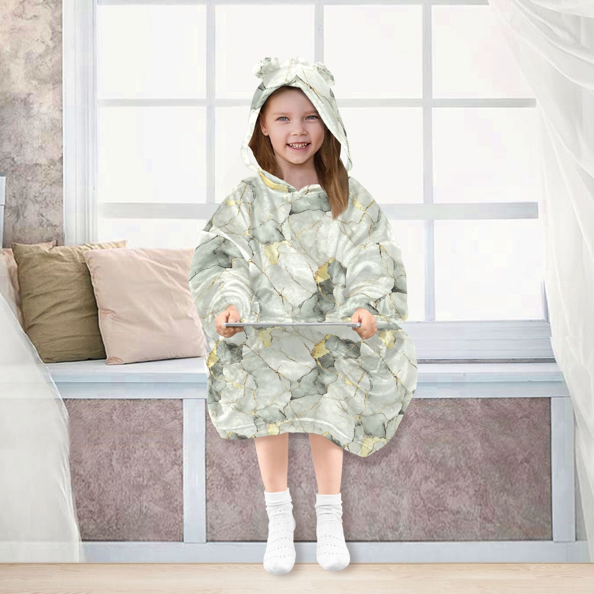 FORMRS Wearable Blanket Hoodie with Sleeves for Kids Cozy Flannel Sweatshirt, Gray Marble Pattern
