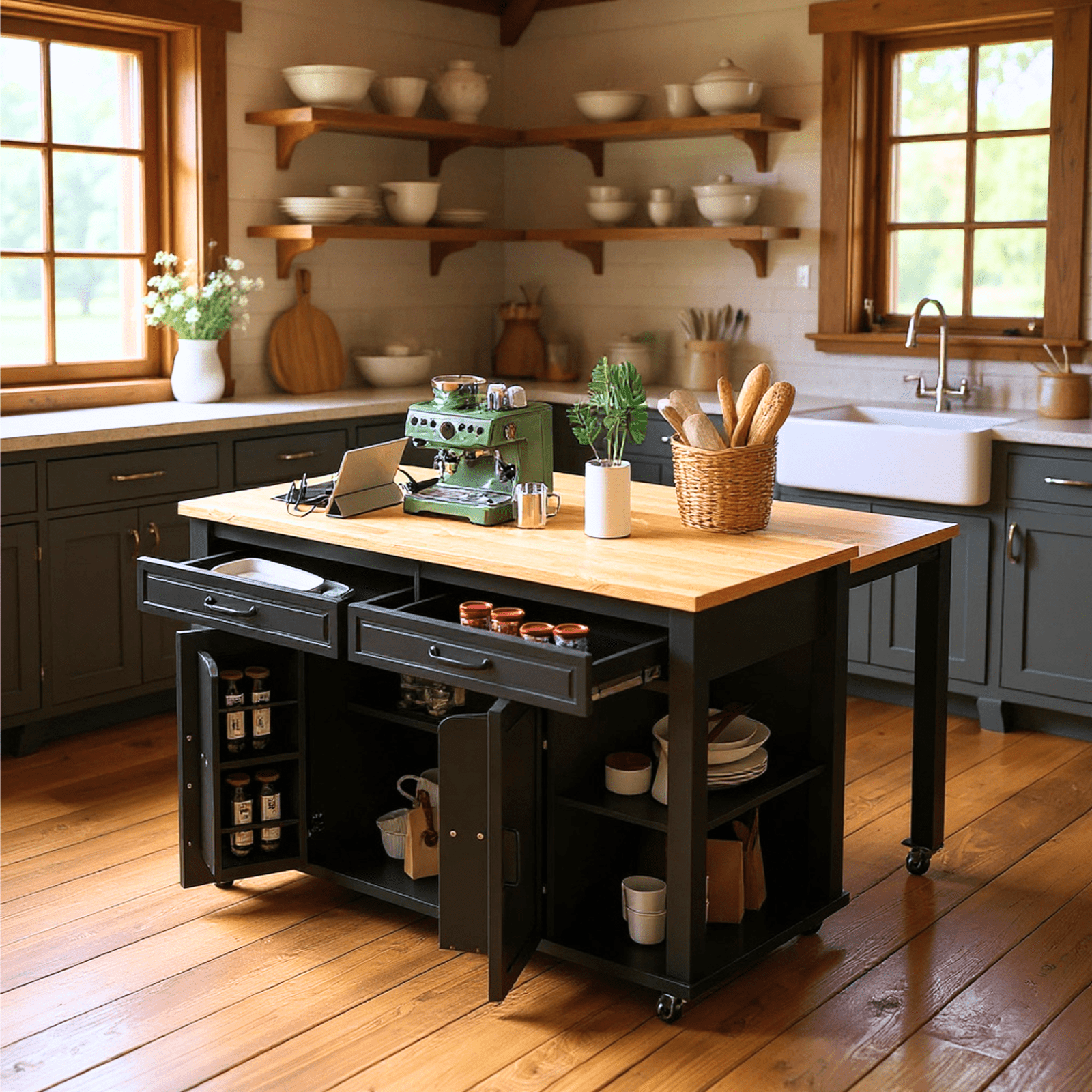 Homy Casa 47" Kitchen Island with Extendable Dining Table, Storage Cabinets, Drawers, Power Outlet, Black