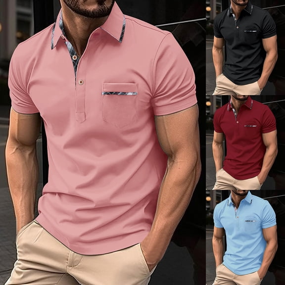 Mens Polo Shirt Chest Pocket T Shirt Short Sleeve Button Collared Tee Summer Casual Top Black L