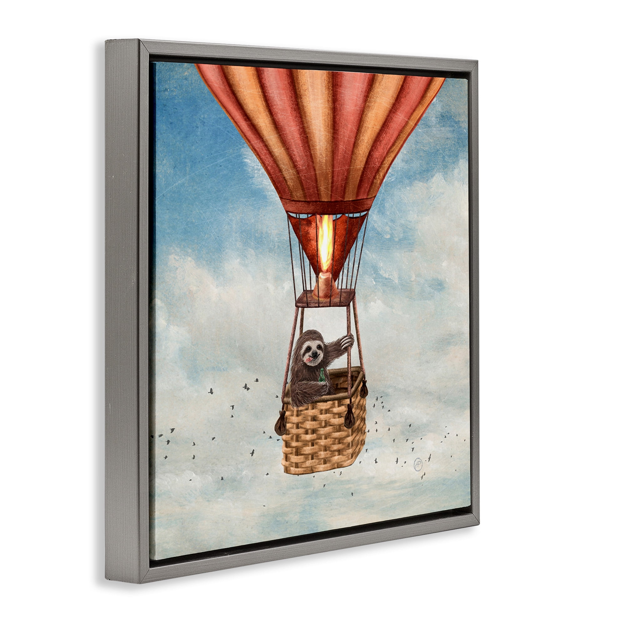 Stupell Industries Sloth in Hot Air Balloon Animals & Insects Painting Gray Floater Framed Canvas Art Print Wall Art, 18 x 18