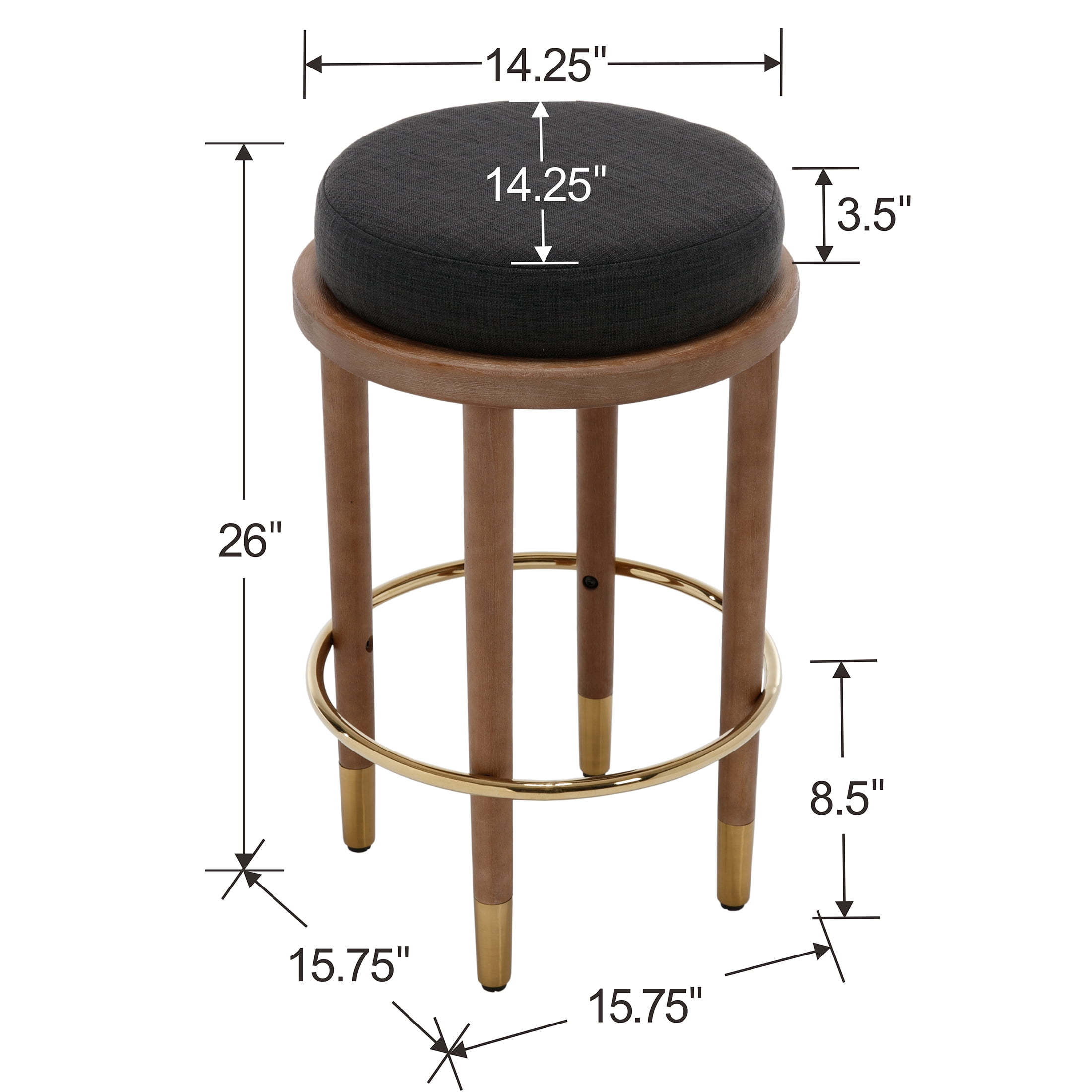 Guyou 26" Backless Counter Height Bar Stool Set of 2, Modern Round Linen Upholstered Stools, Farmhouse Wooden Kitchen Island Chairs for Restaurant Kitchen Bistro, Charcoal