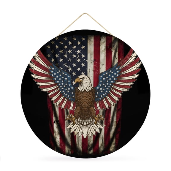 Round Welcome Sign for Front Door, Bald Eagle Hanging Metal Farmhouse Wall Decor for Porch Entryway, American Flag 2Memorial Day Rustic National Decoration for Holiday Housewarming Gift, 12 in
