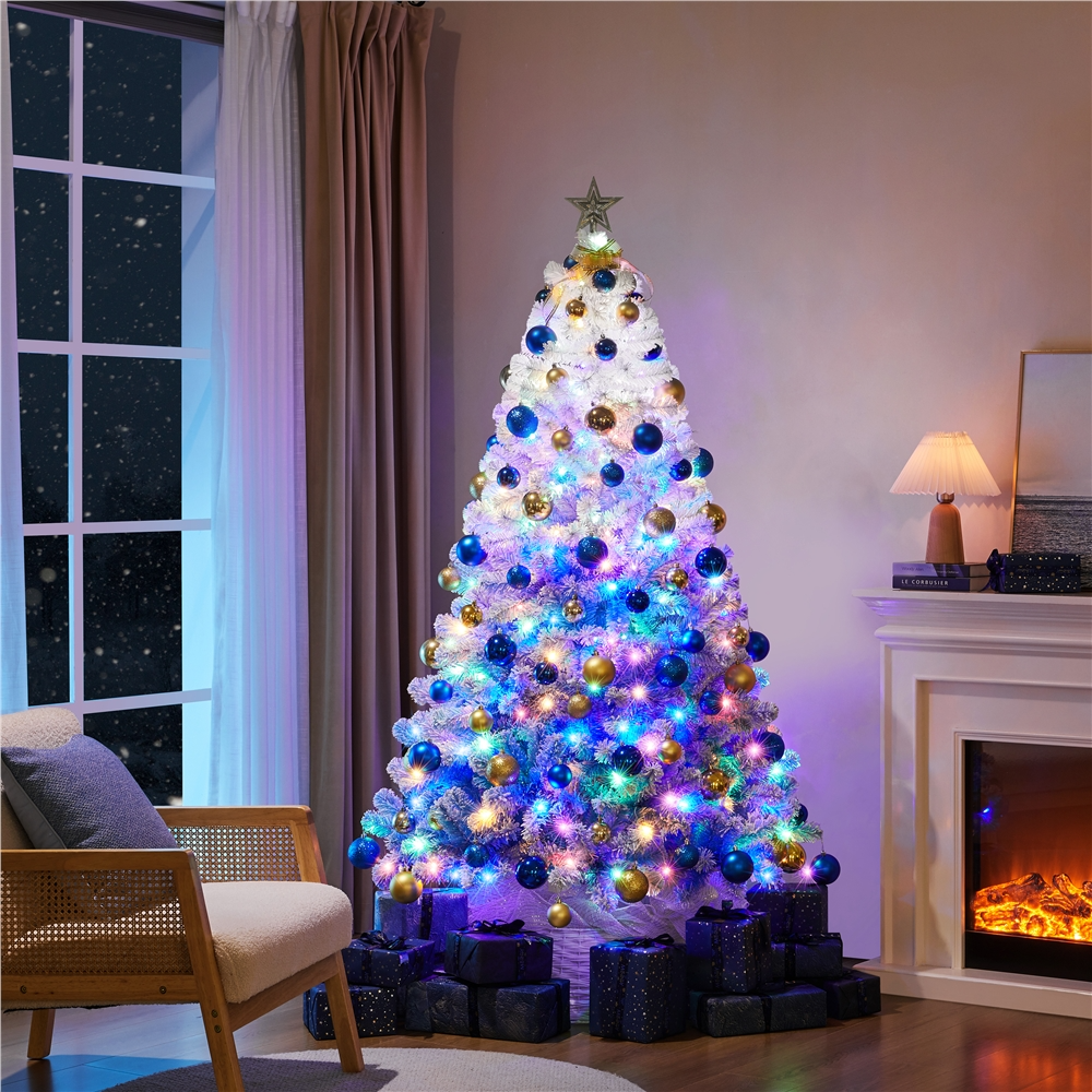 Alden Design 6Ft Pre-lit Flocked Artificial Christmas Tree with 250 Multicolored LED Lights, Lake Blue Gradient